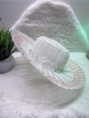Women's White Woven Bridal Hat w/ Floral Accent Summer Wedding Guest Ready 💝